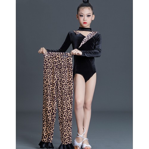 Girls kids Black with leopard velvet latin dance dress ballroom latin dance leotard tops and long pants for children 